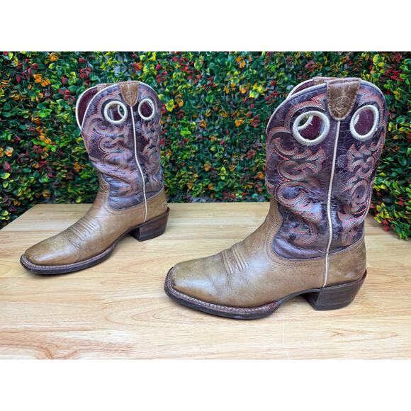 Ariat Western Cowboy 2 Tone Boots Shoes Leather Embroidered Brown Tan Mens 8.5 - Picture 3 of 9